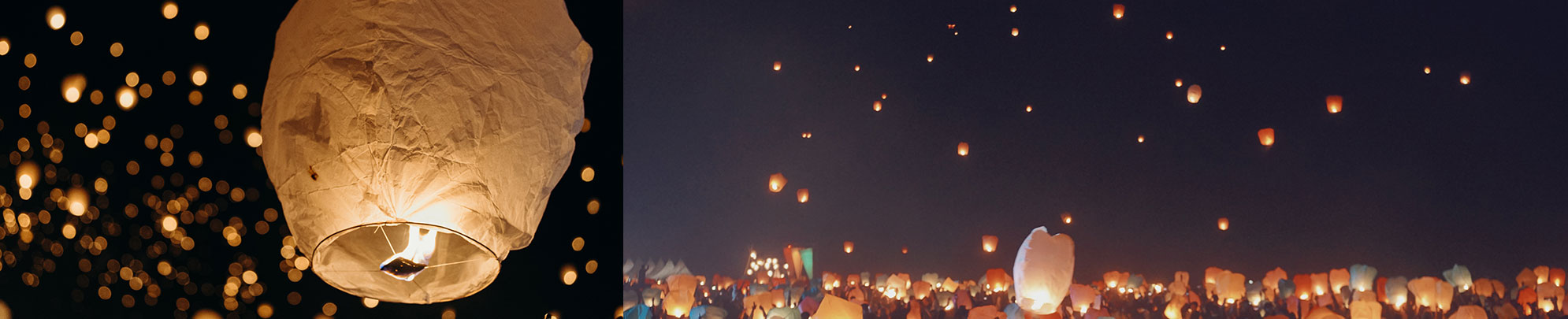 Paper lanterns lit up against a dark night sky